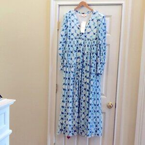 Rococo Sand Long Bubble Sleeve Maxi Tiered Blu Multi Metallic Thread Dress XS